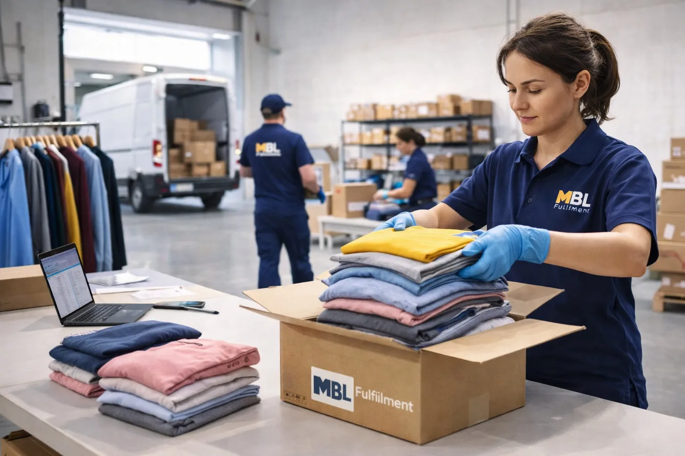 MBL team packing an order into a branded box